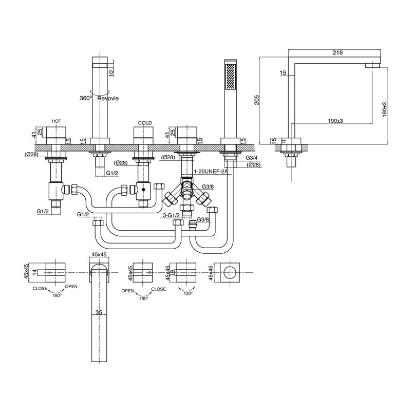 Parisi Cube 5 Piece Hob Bath Set Spec