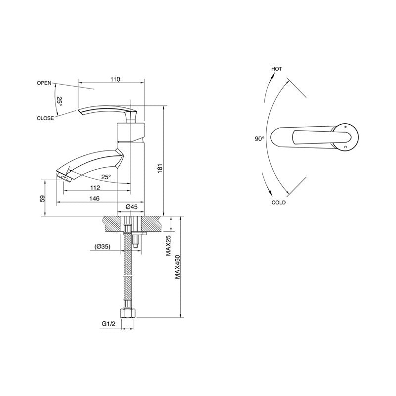 Parisi Curva Basin Mixer Spec