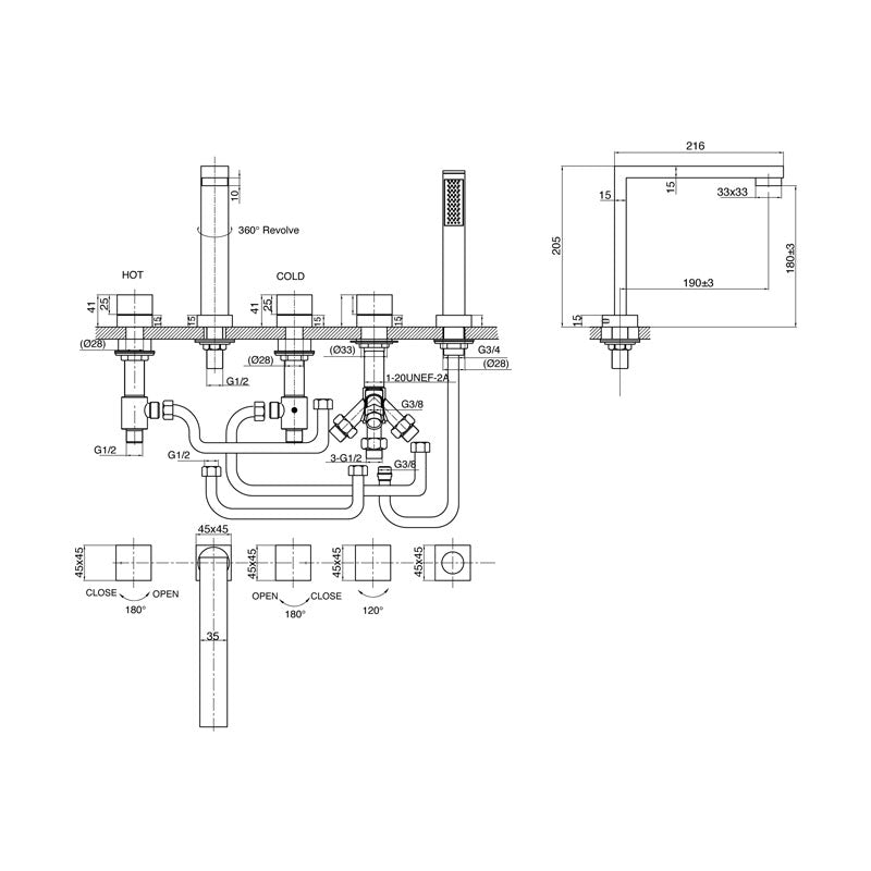 Parisi Quadro 5 Piece Hob Bath Set Spec