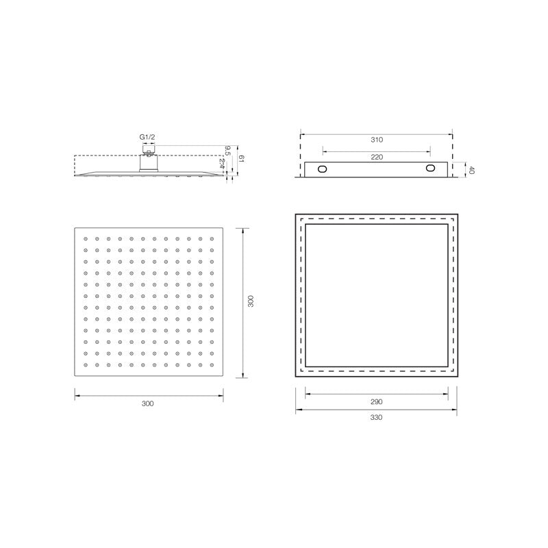 Parisi Quadro Ceiling Shower 300mm Spec