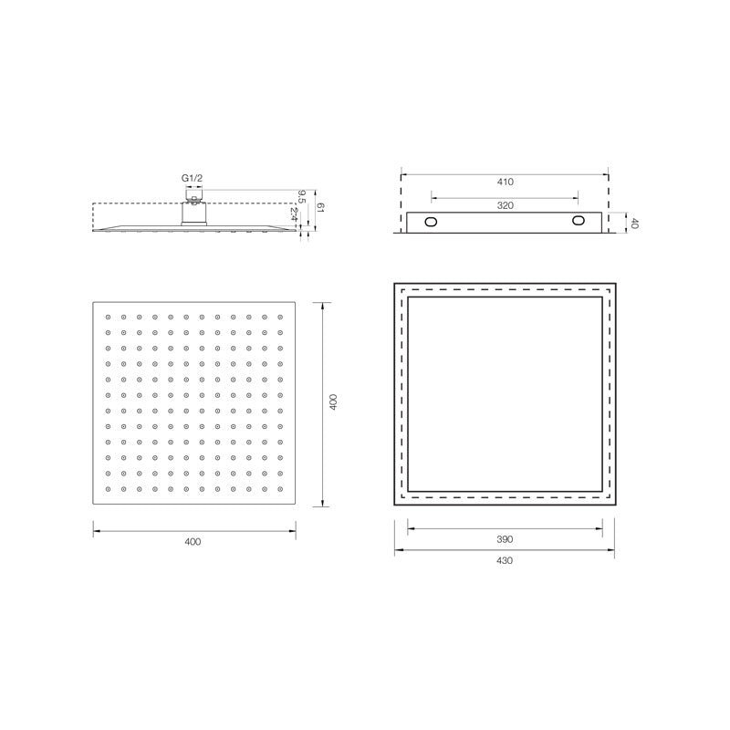 Parisi Quadro Ceiling Shower 400mm Spec
