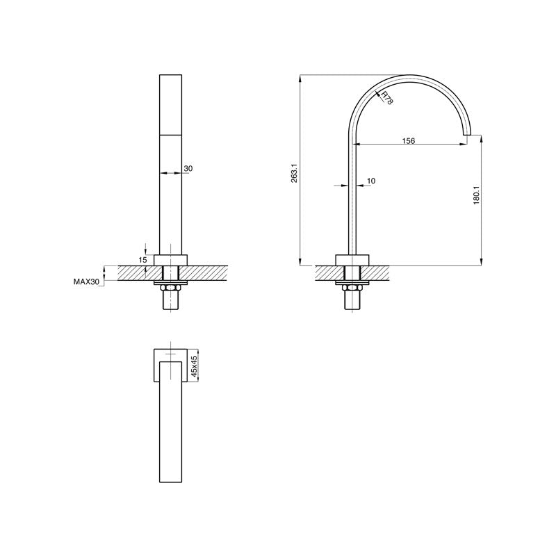 Parisi Quadro Curved Fixed Hob Spout 160mm Spec