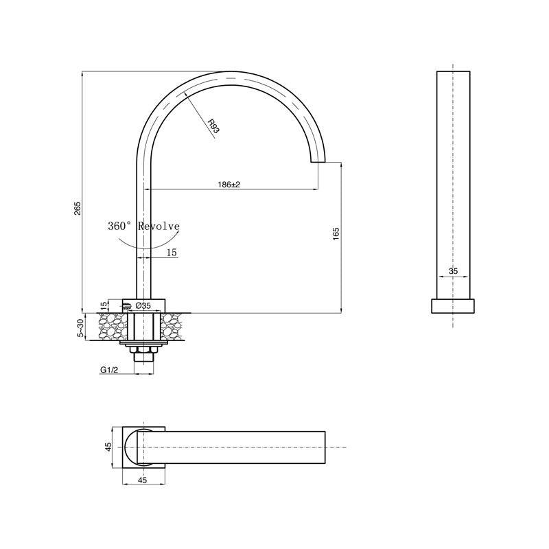 Parisi Quadro Curved Swivel Hob Spout Spec