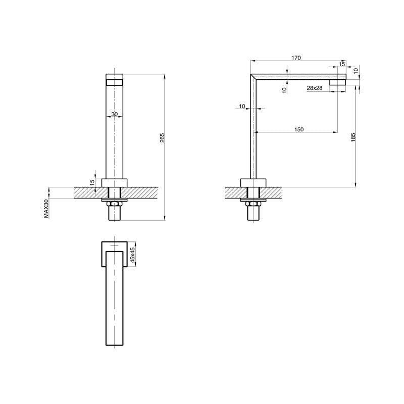 Parisi Quadro Fixed Hob Spout 150mm Spec