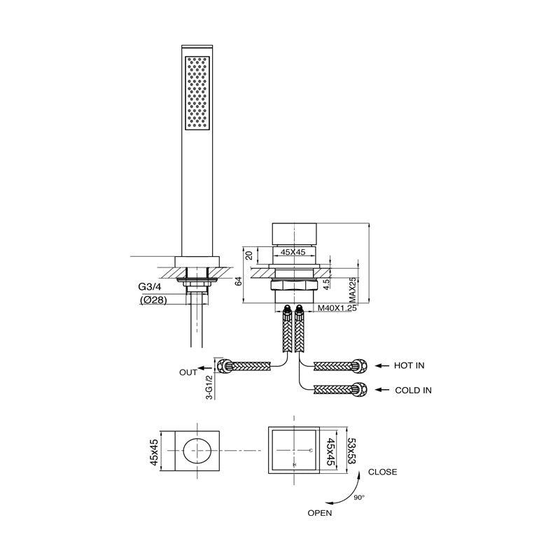 Parisi Quadro Hob Mixer & Hand Shower Spec