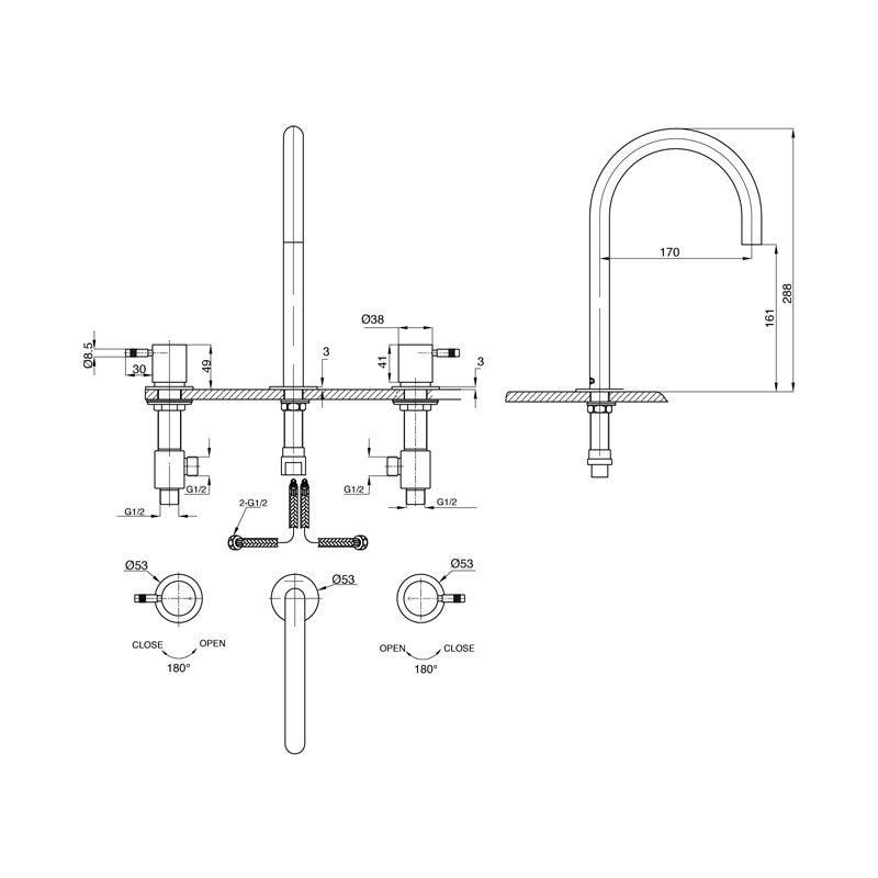 Parisi Tondo BasinBath Hob Set Swivel Spout Spec
