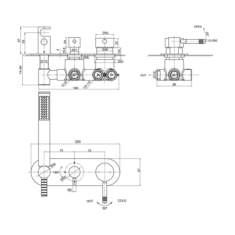 Parisi Tondo Wall Mixer, Diverter, Hand Shower Spec