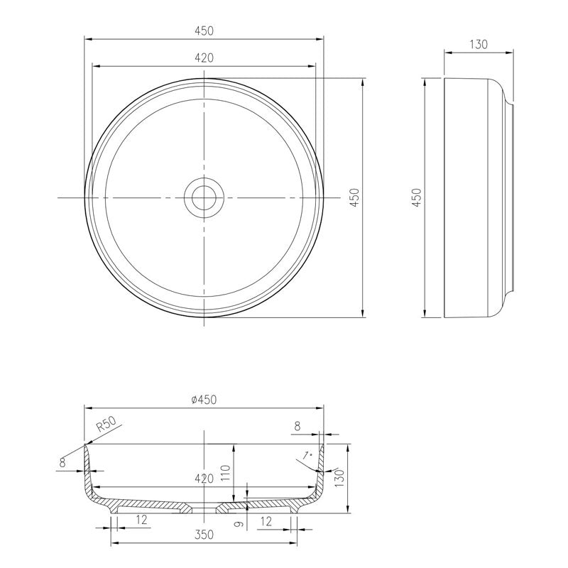 Pietra Bianca Georgia Above Counter Basin 450 x 130mm White Matte Specification