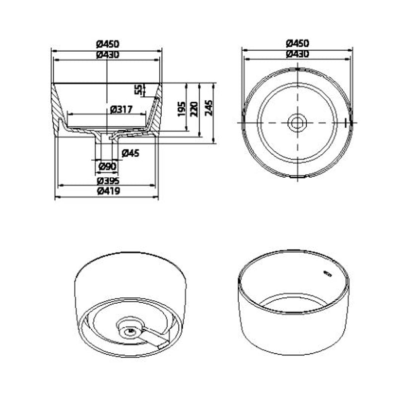 Parisi Pop Wash Basin 450mm- Semi Gloss White Specification