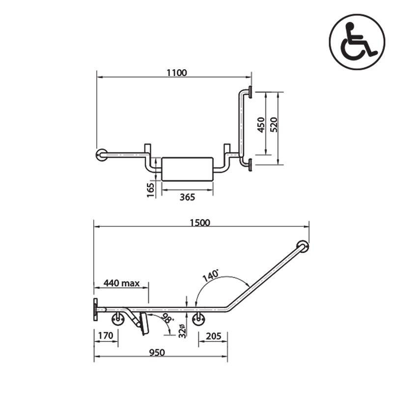 Parisi Envy Grab Rail with Backrest Combo 40° Left Hand