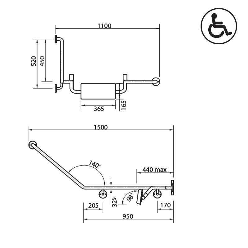 Parisi Envy Grab Rail with Backrest Combo 40° Right Hand