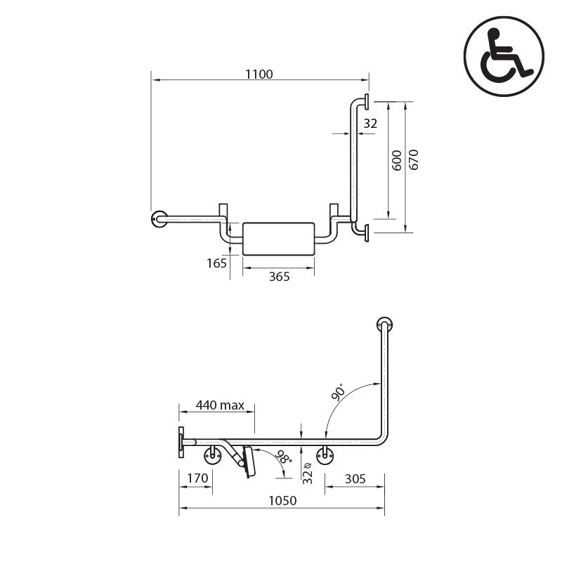 Parisi Envy Grab Rail with Backrest Combo 90° Left Hand