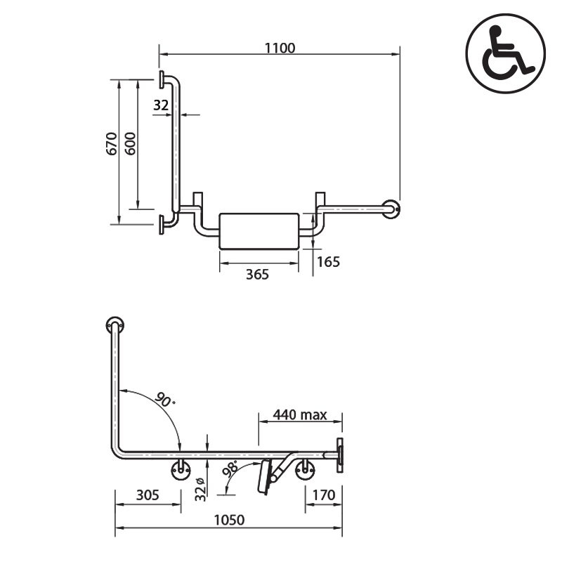 Parisi Envy Grab Rail with Backrest Combo 90° Right Hand