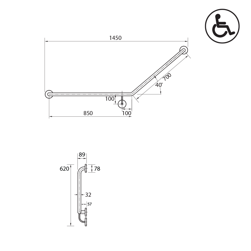 Parisi Envy Grab Rail 40° Left Hand 850x700mm