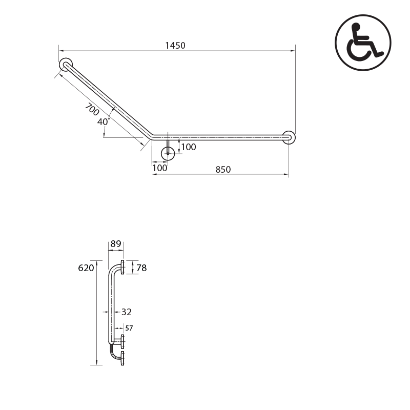 Parisi Envy Grab Rail 40° Right Hand 850x700mm