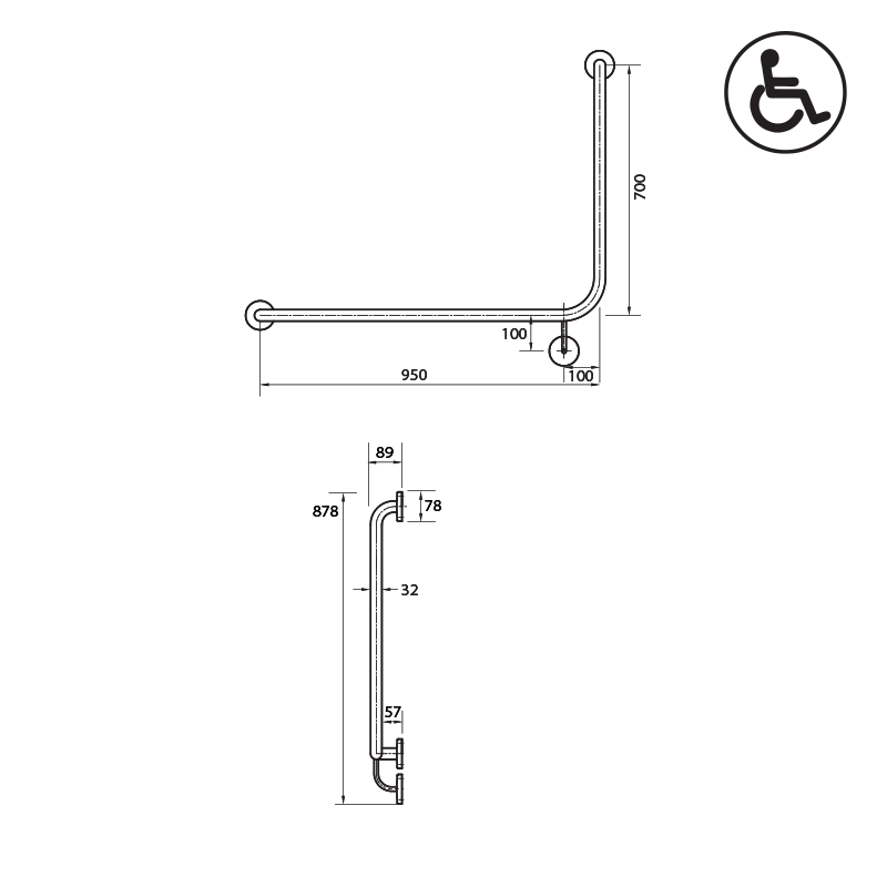 Parisi Envy Grab Rail 90° Left Hand 950x700mm
