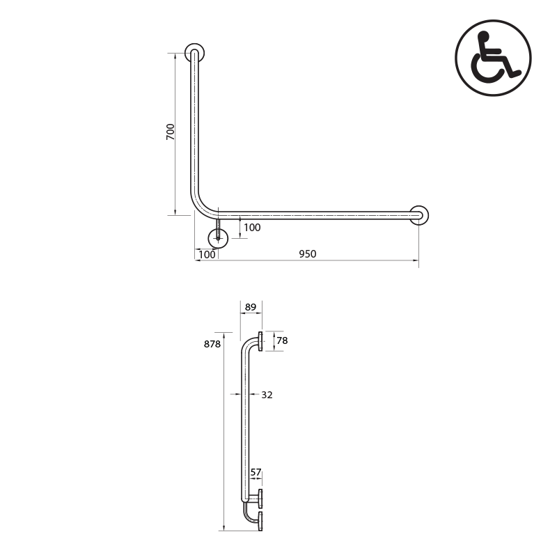Parisi Envy Grab Rail 90° Right Hand 950x700mm