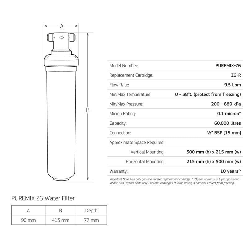 Puretec High Flow Inline Water Filter System, 0.1 Micron Specification