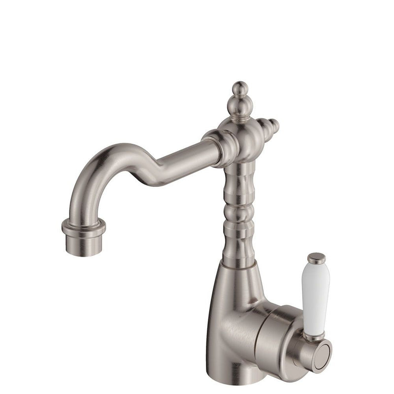 Fienza Elenaor Shepherds Crook Basin Mixer - Brushed Nickel / Ceramic Handle