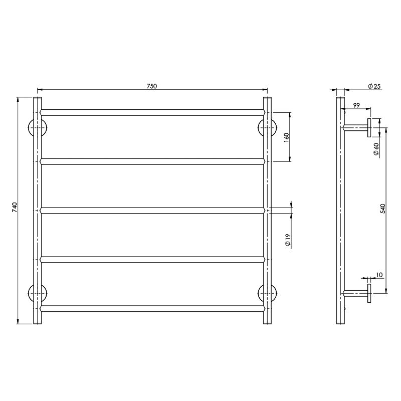 Phoenix Radii Towel Ladder 750x740 with Round Plate - Chrome