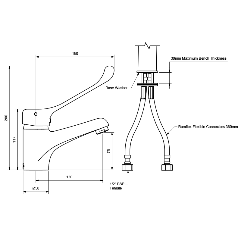 Ramcare Basin Mixer - 150mm Lever Handle