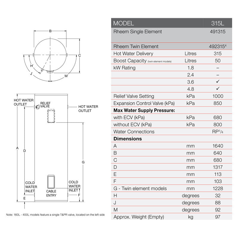 Rheem 315L Electric Storage Water Heater Spec