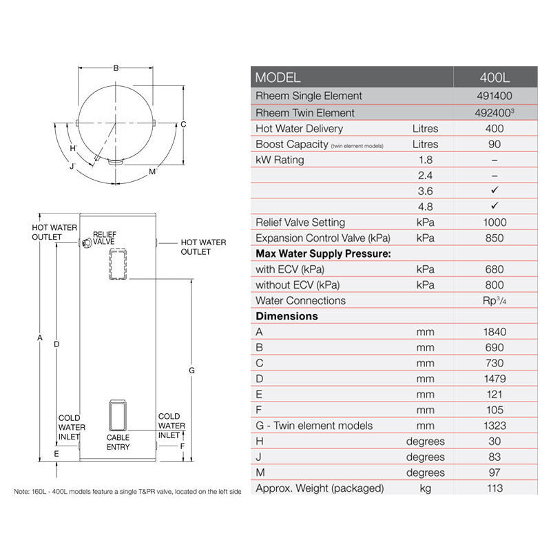 Rheem 400L Electric Storage Water Heater Specification