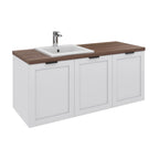 Image shown is the 1200mm wall hung in white gloss finish with an American Walnut solid timber top, Viva basin, and black recess leather handles.