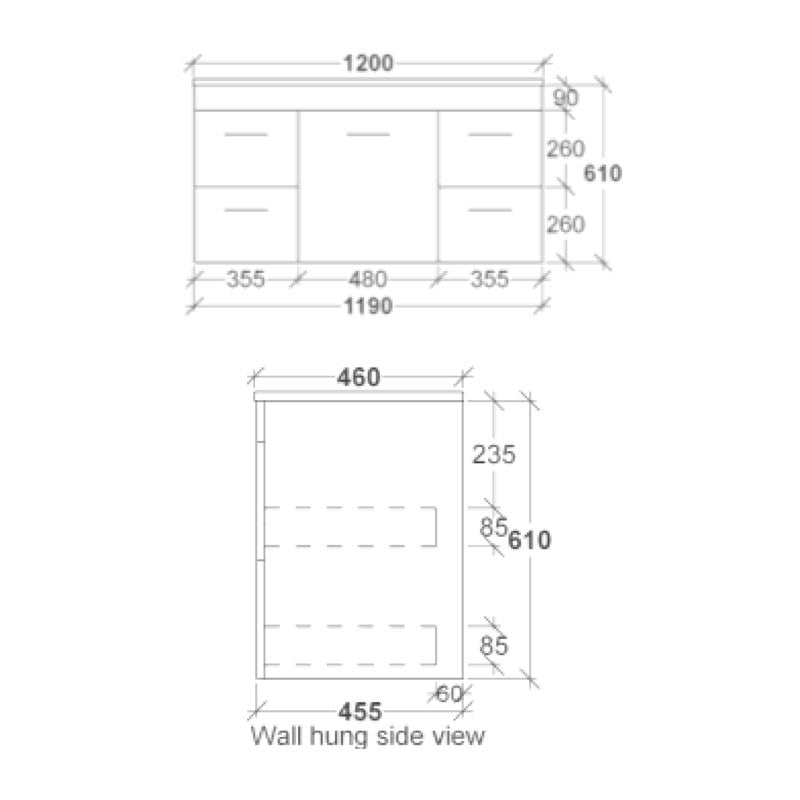 Rifco Montreal Wall Hung Vanity-1200mm Spec