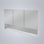Cabinet with full mirrored front, open shelves and soft close doors.