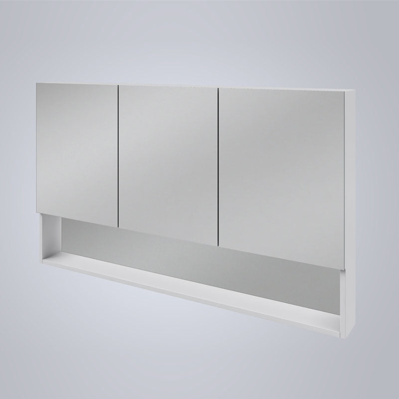 Cabinet with full mirrored front, open shelves and soft close doors.