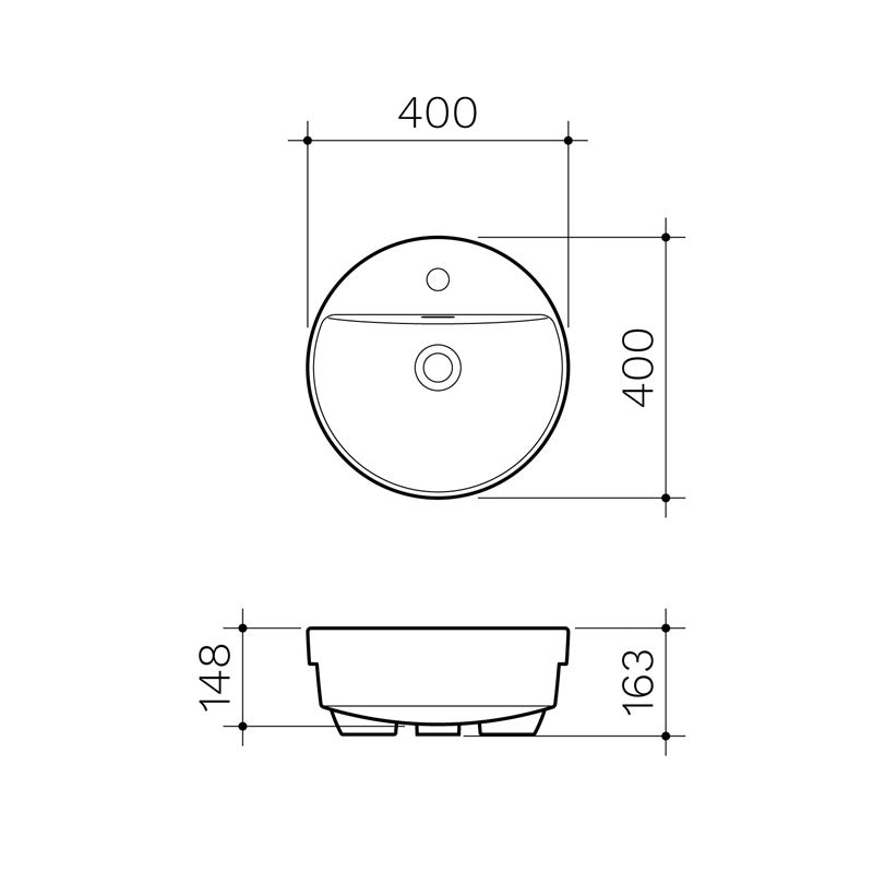Round Semi Recessed Basin 400mm - 1 Tap Hole Specification