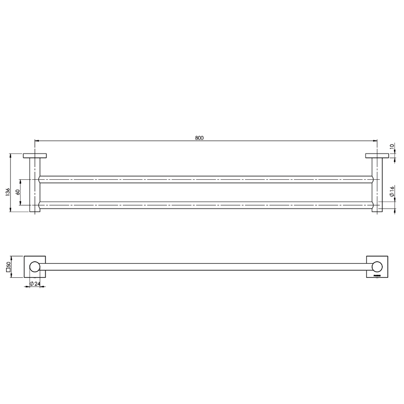 Phoenix Radii Double Towel Rail 800mm with Square Plate