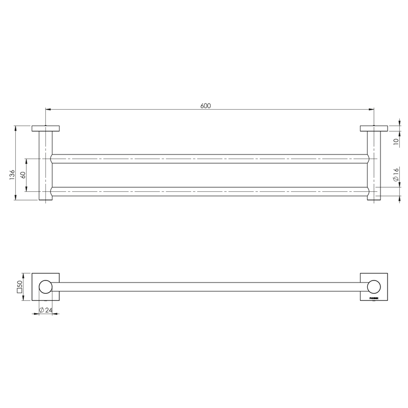 Phoenix Radii Double Towel Rail 600mm with Square Plate
