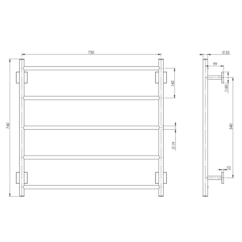 Phoenix Radii Towel Ladder 750x740 with Square Plate - Chrome