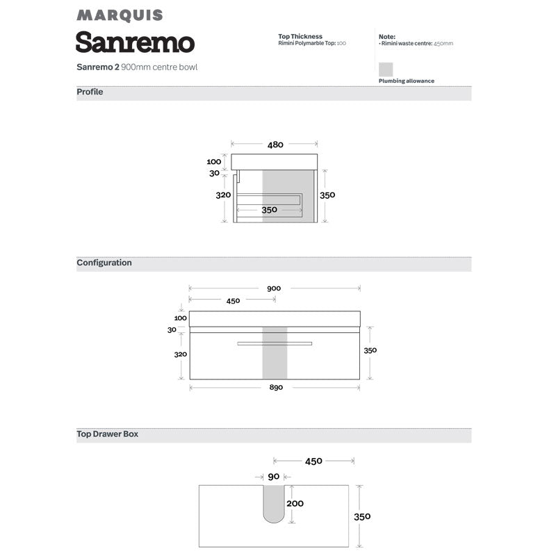 Marquis San Remo Wall Hung Vanity - 900mm Specification
