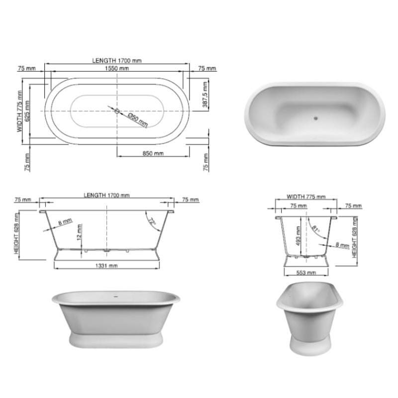 Dadoquartz - Sirene Liberty 1700 Freestanding Bath - Specification