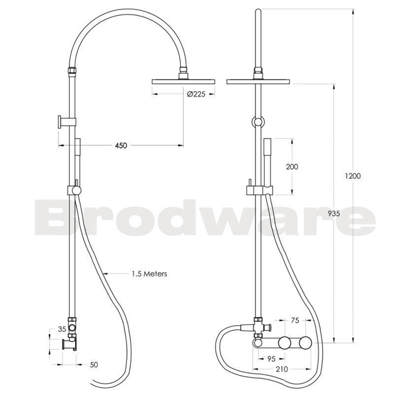 Brodware Yokato Disc Exposed Shower Set with 225mm Rose & Handshower Specifications 
