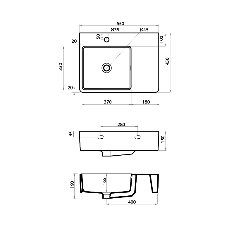 Parisi Quasar 65 Wall Basin with Right Hand Shelf