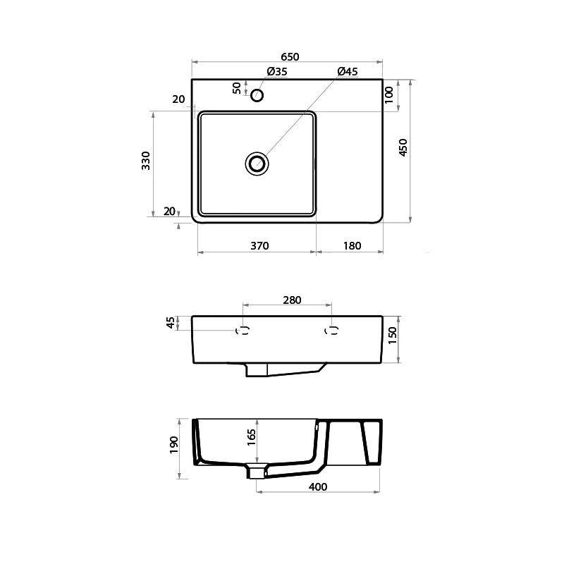 Parisi Quasar 65 Wall Basin with Right Hand Shelf