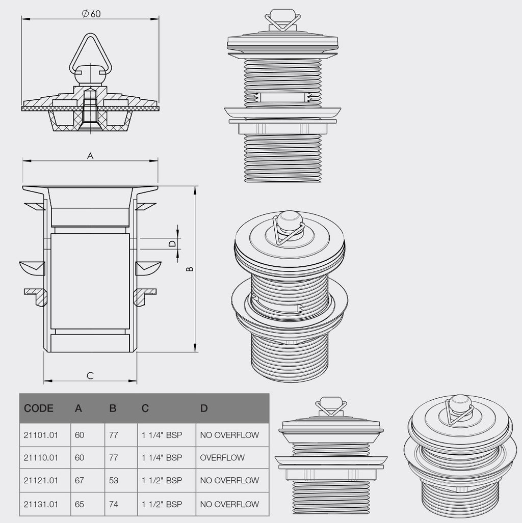 Product specifications for SKU 21101.01 Wasteland 32x70mm Plug & Waste with Deluxe Plug Chrome Plated No Overflow.