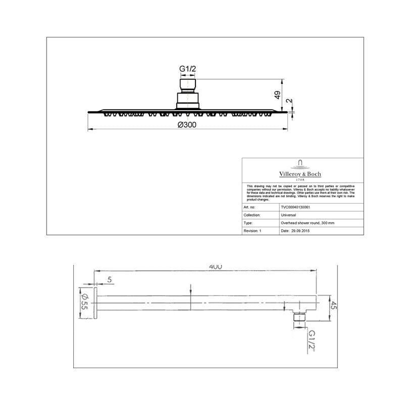 Villeroy & Boch Architectura 300 Round Overhead with Reach Straight Shower Arm Specifications