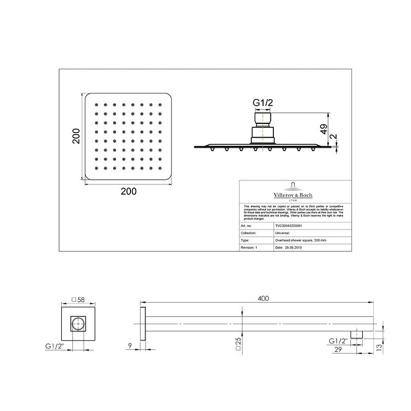 Villeroy & Boch Architectura 200 Square Overhead with Square Wall Arm 
 Specifications