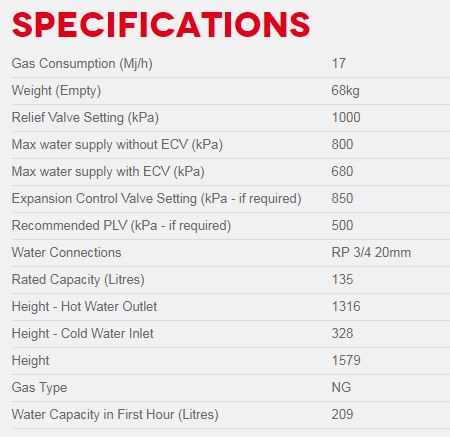 135L medium capacity energy efficient storage hot water system.