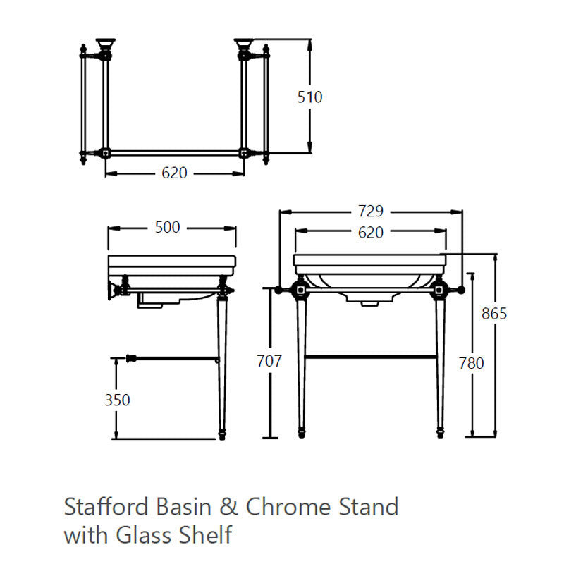 Turner Hastings Stafford 62 x 50 Fine Fireclay wash Basin & Chrome Console Stand specifications