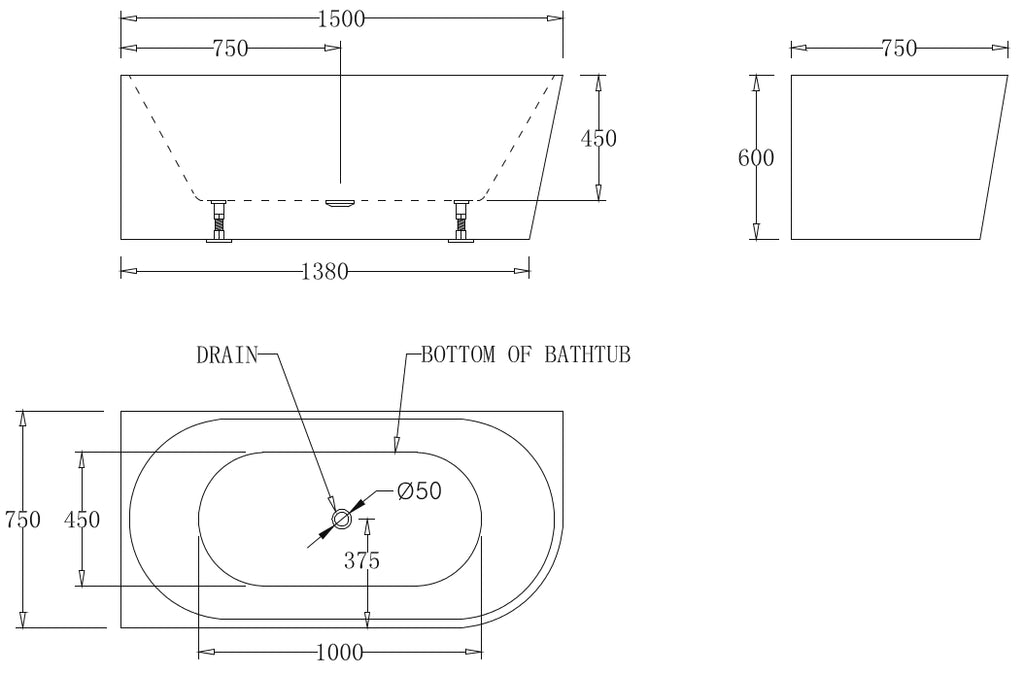 Kiato Wall Faced Freestanding Bath 1500mm Left Hand Corner Specification