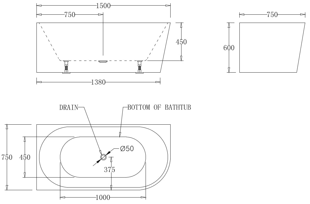 Kiato Wall Faced Freestanding Bath 1500mm Left Hand Corner Specification