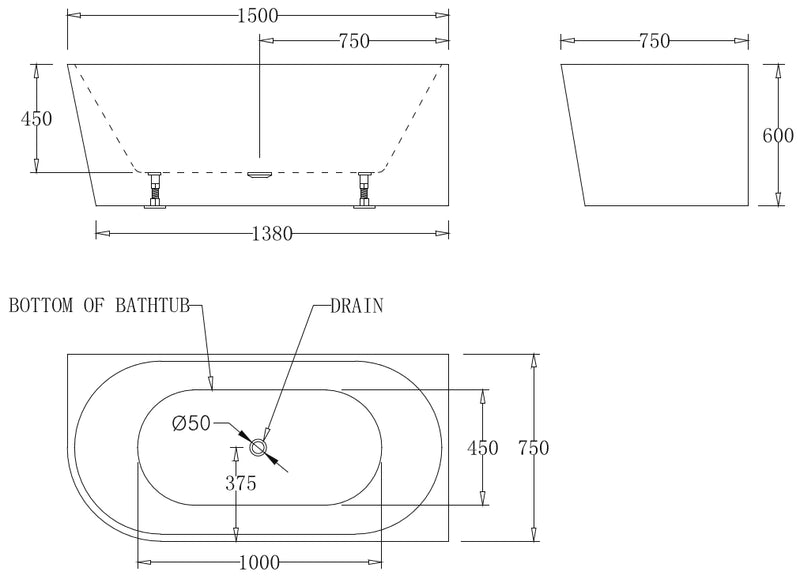 Kiato Wall Faced Freestanding Bath 1500mm White