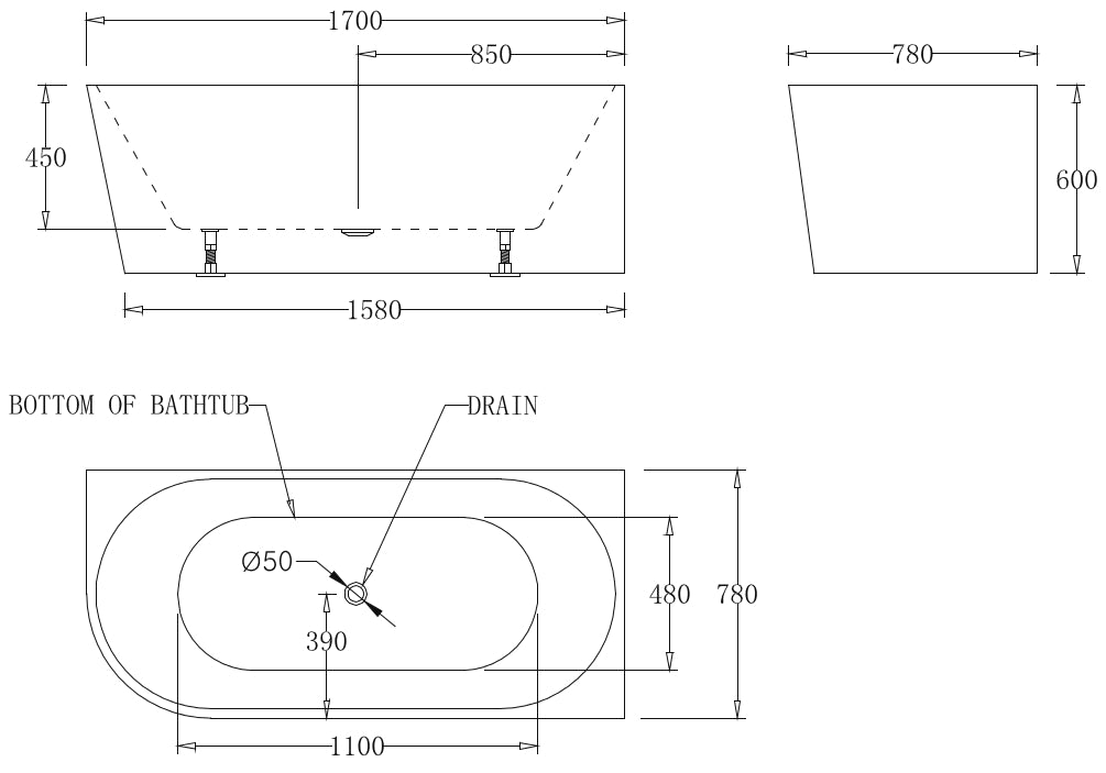 Kiato Wall Faced Freestanding Bath 1700mm Right Hand Corner Specification