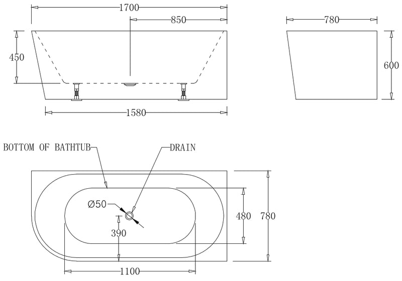 Kiato Wall Faced Freestanding Bath 1700mm Right Hand Corner Specification